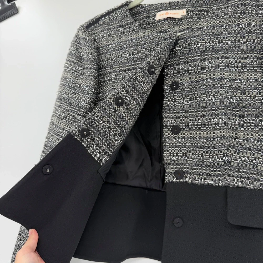 Tory Burch Metallic Tweed Mixed Media Peplum Jacket Grey Black Size 10